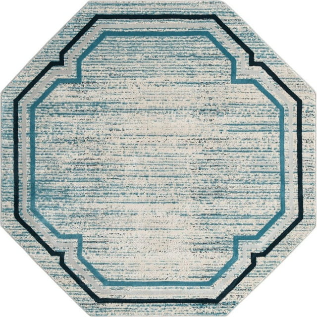 Unique Loom Oasis High-Low Pile Border Stripes Rug 6' x 6' Octagon Blue/Gray