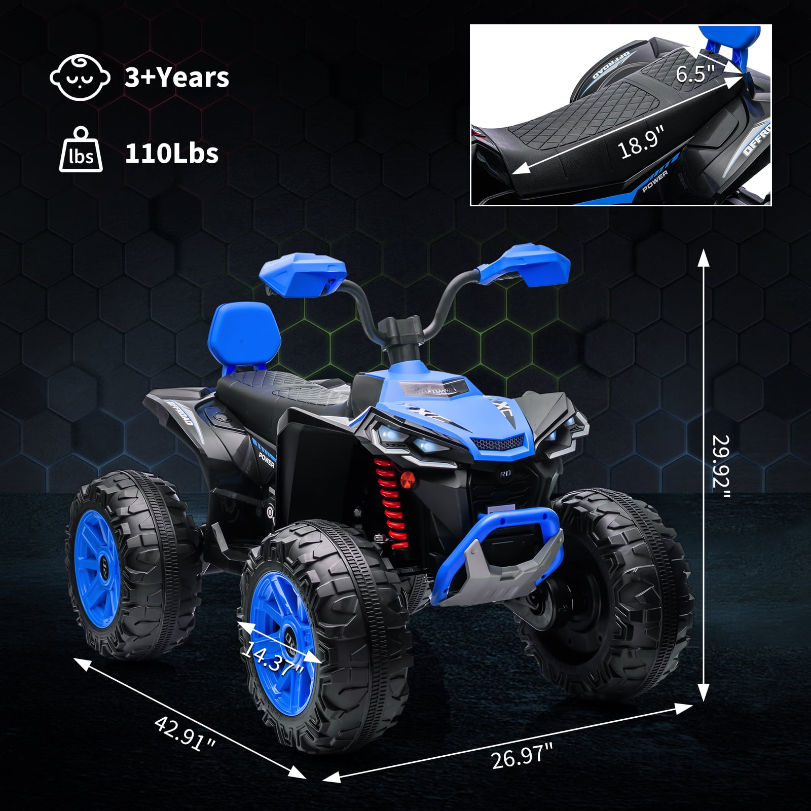 24V 2-Seater Electric Kids ATV Ride-On Car – Dual 550W Motors, Off-Road 4-Wheeler, 14.4'' Wheels, LED Lights, Music, High/Low Speed, For Boys & Girls Ages 3-8