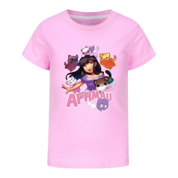 APHMAU girls' T-shirt with cartoon elements for children's movies, TV games, and pure cotton round neck short sleeved shirt, suitable for children aged 5-13