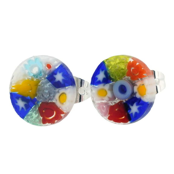 GlassOfVenice Murano Glass Millefiori Stud Earrings - Round Multicolor