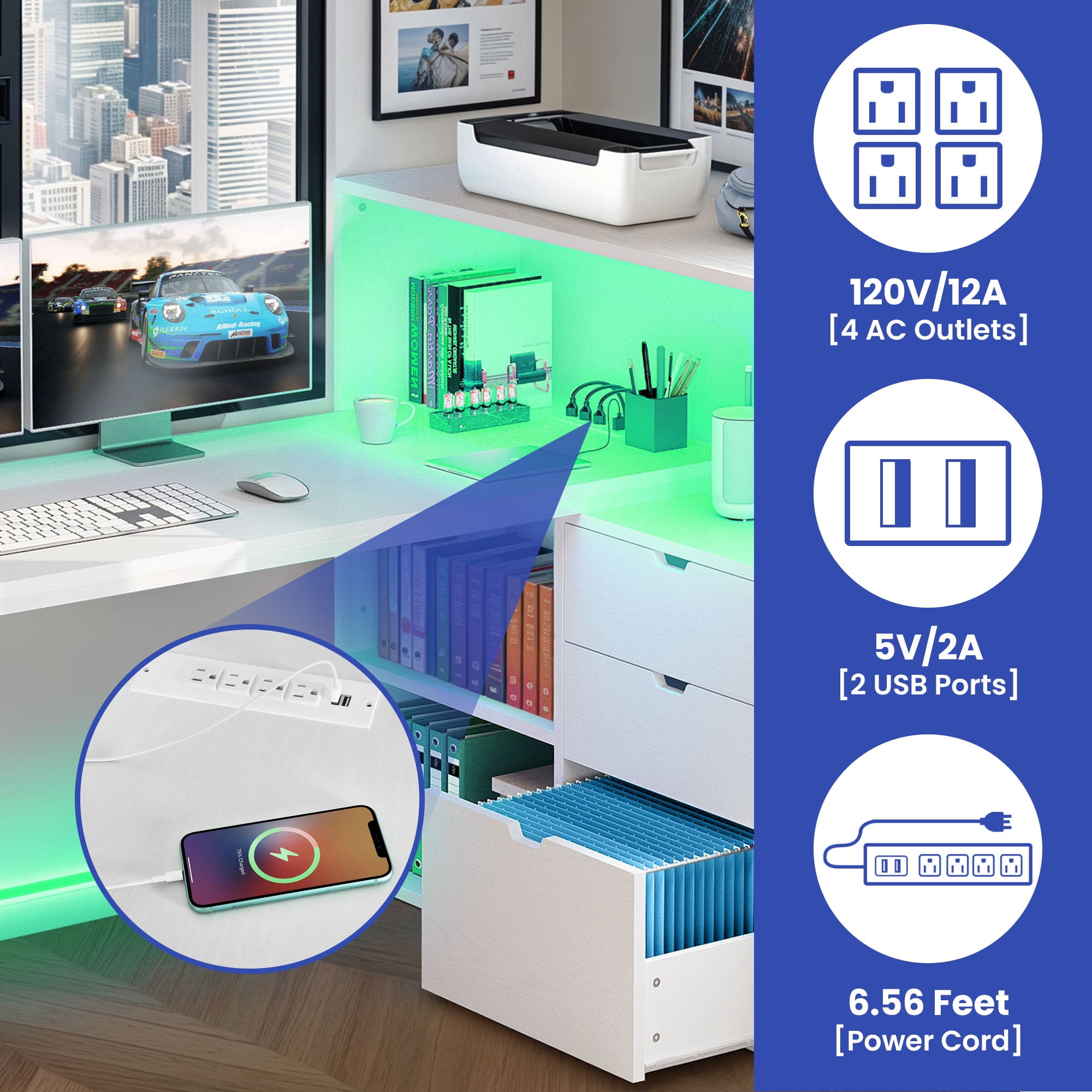 ModFusion 55" L Shaped Corner Computer Desk with Power Outlets, LED Lights, 3 Drawers and Bookshelf, White