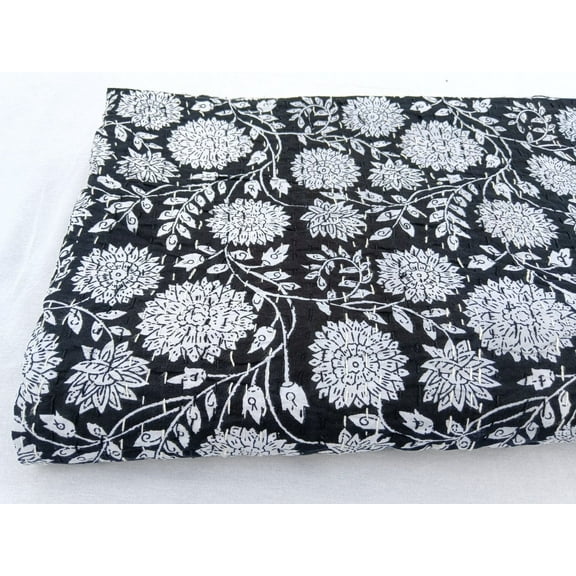 Kantha Quilt Handblock Print Indian Netural Colour floral print Quilt Hand Stitched Natural vegetable dye cotton