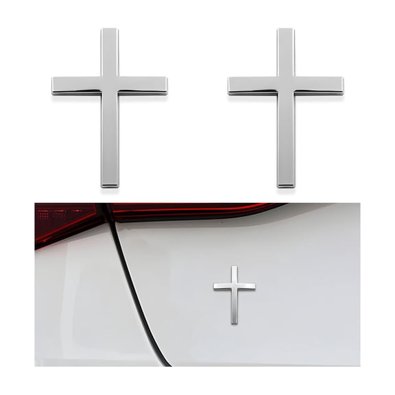 USTOP 2PCS Silver Metal Jesus Christ Cross Badge Stickers, 2.5"×1.8" Alloy 3D Individual Car Cross Sticker, Self Adhesive Scratch Covering Metal Cross Auto Emblem Decal for Car Body Fender Tail.