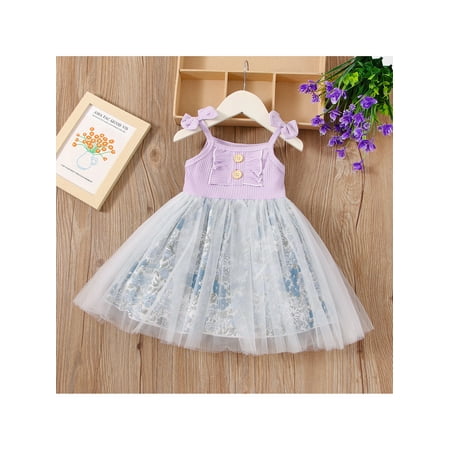 

Infant Kids Princess Gown Dress Tie-up Sleeveless Backless Floral Print Patchwork Tulle Midi Dress Sweet Party