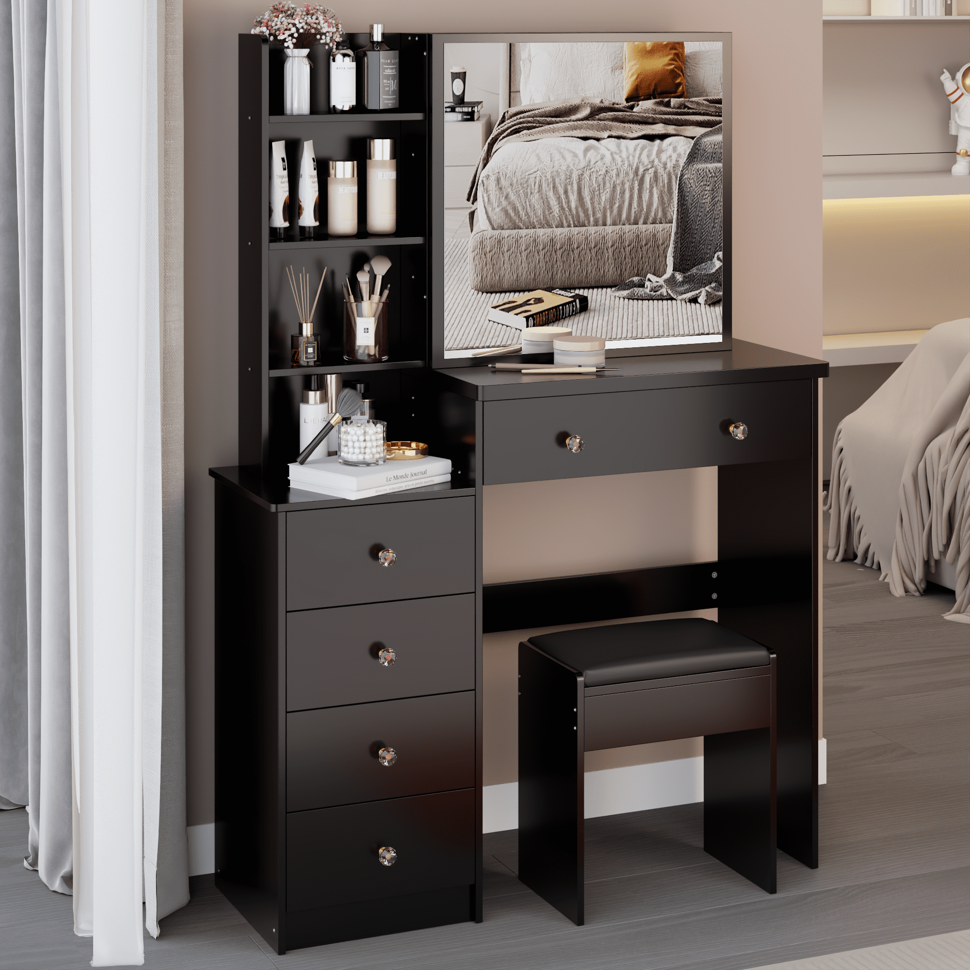 37" Large Space Dresser Set with Sliding Mirror & Stool, MDF Vanity Table with Multi-Layer Storage, American Design for Bedroom