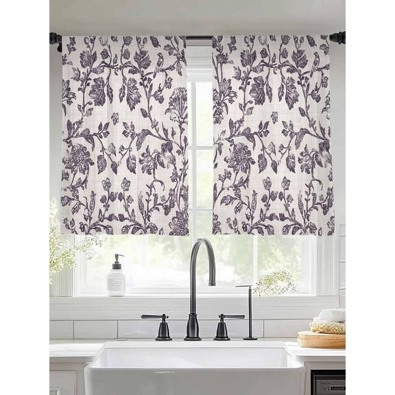 Farmhouse Purple Sheer Curtains for Living Room Bedroom Vintage Flower Leaf Botanical Plant Sheer Curtains 54 Inch Long 2 Panels Set Light Filtering Curtain Window Treatments Drapes for Dining Room