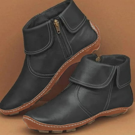 

Floleo Clearance Flanged Flat Bottom Side Zipper Low-barrel Leather Short Boots Women