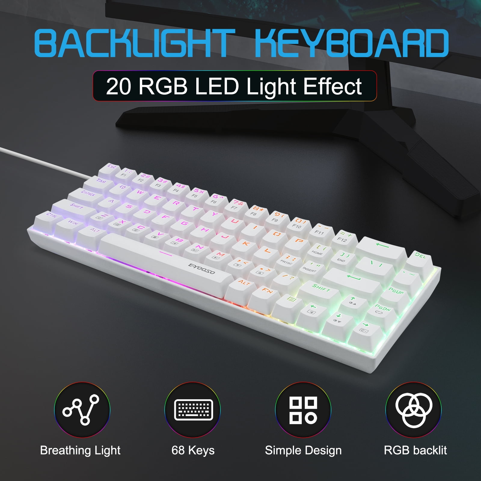 Portable 65% Mechanical Gaming Keyboard, E-YOOSO Z-686 Customizable Per-Key RGB Backlit, Compact 68 Keys Mini Wired Office Keyboard with Blue Switch for Windows Laptop PC Mac - White