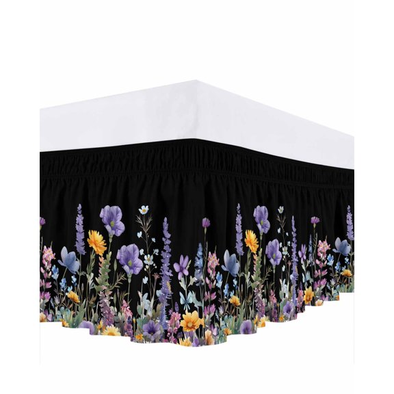 Purple Watercolor Bed Skirt Wildflower Flower Black Background Design Bed Skirts King Size 18 Inch Drop, Wrap Around Dust Ruffle Bedskirt with Adjustable Elastic Belt for Queen Size Beds
