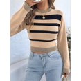 thumbnail image 4 of Women Casual Color Block Stripe Ribbed Crew Neck Slim Cropped Long Sleeve Knit Pullover Sweater Khaki M, 4 of 10