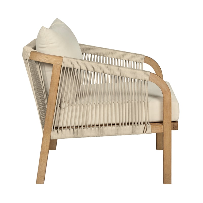 Cypress Outdoor Patio Chair in Eucalyptus Wood and Gray Rope with Ivory Cushions