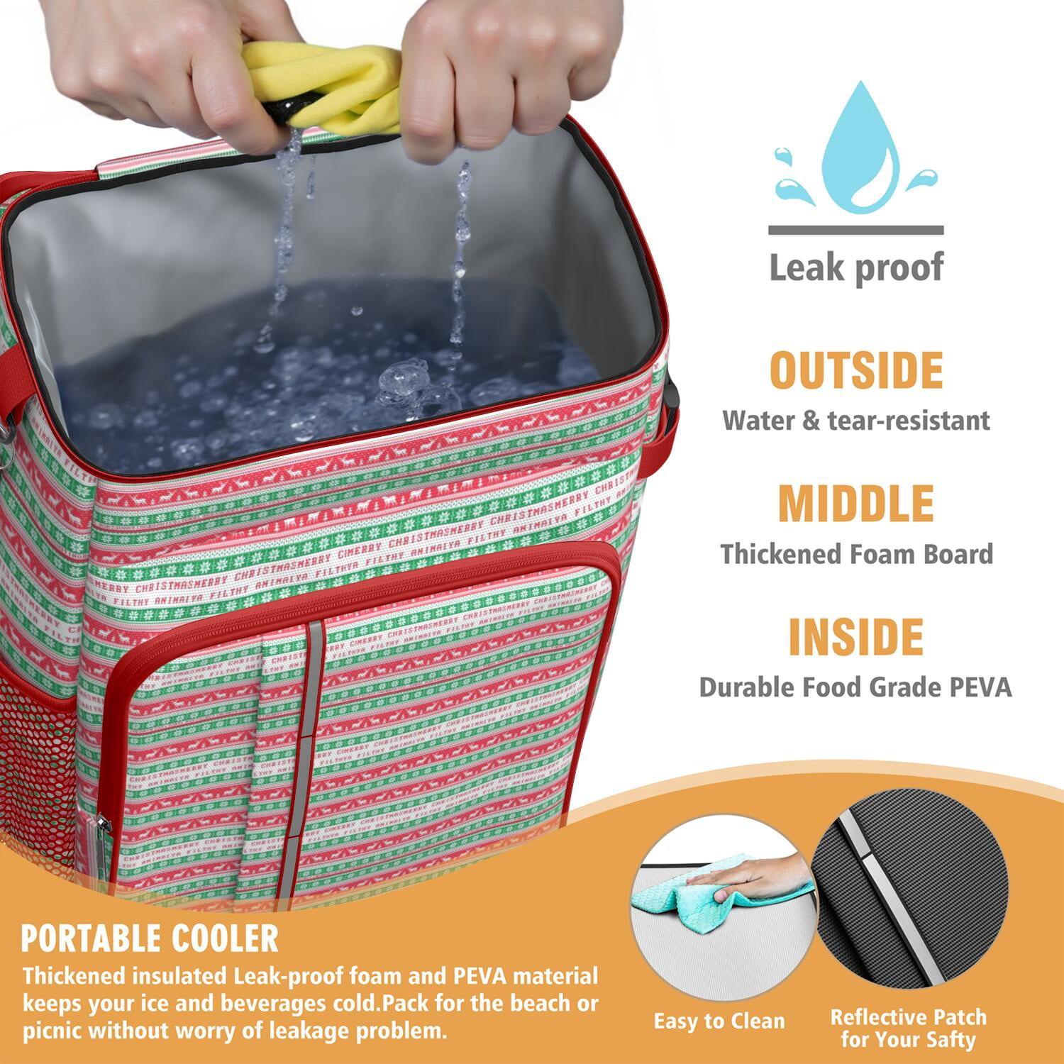 Travel Cooler Bag - Red and Green Christmas Pattern Camping Beer Cooler Backpack with Bottle Opener- Waterproof Insulated Picnic Backpacks - Cooler Bag for Beach