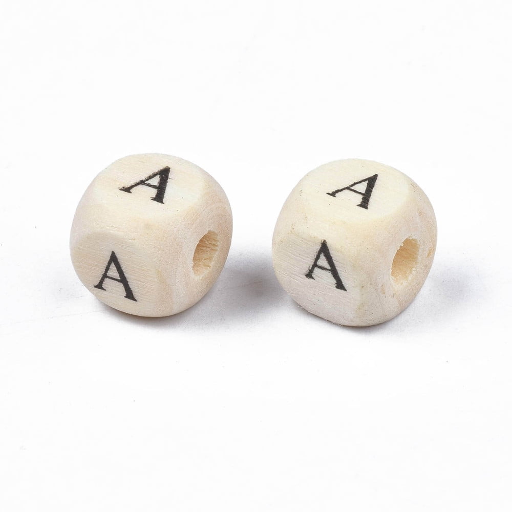 500gs Printed Natural Wood Beads Horizontal Hole Cube with Initial Letter PapayaWhip Letter.A 10x10x10mm Hole: 3.5mm about 1000pcs/500g