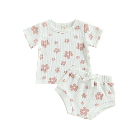 

Qtinghua Newborn Baby Girls Summer Clothes Floral Print Romper Ruffled Shorts Headband Waffle Knit 3Pcs Outfits White 12-18 Months