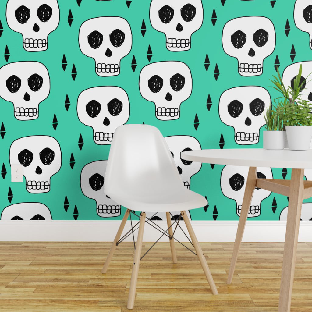 Peel & Stick Wallpaper 12ft x 2ft - Halloween Chalkboard Ghost Skull Treat  Fall Custom Removable Wallpaper by Spoonflower 