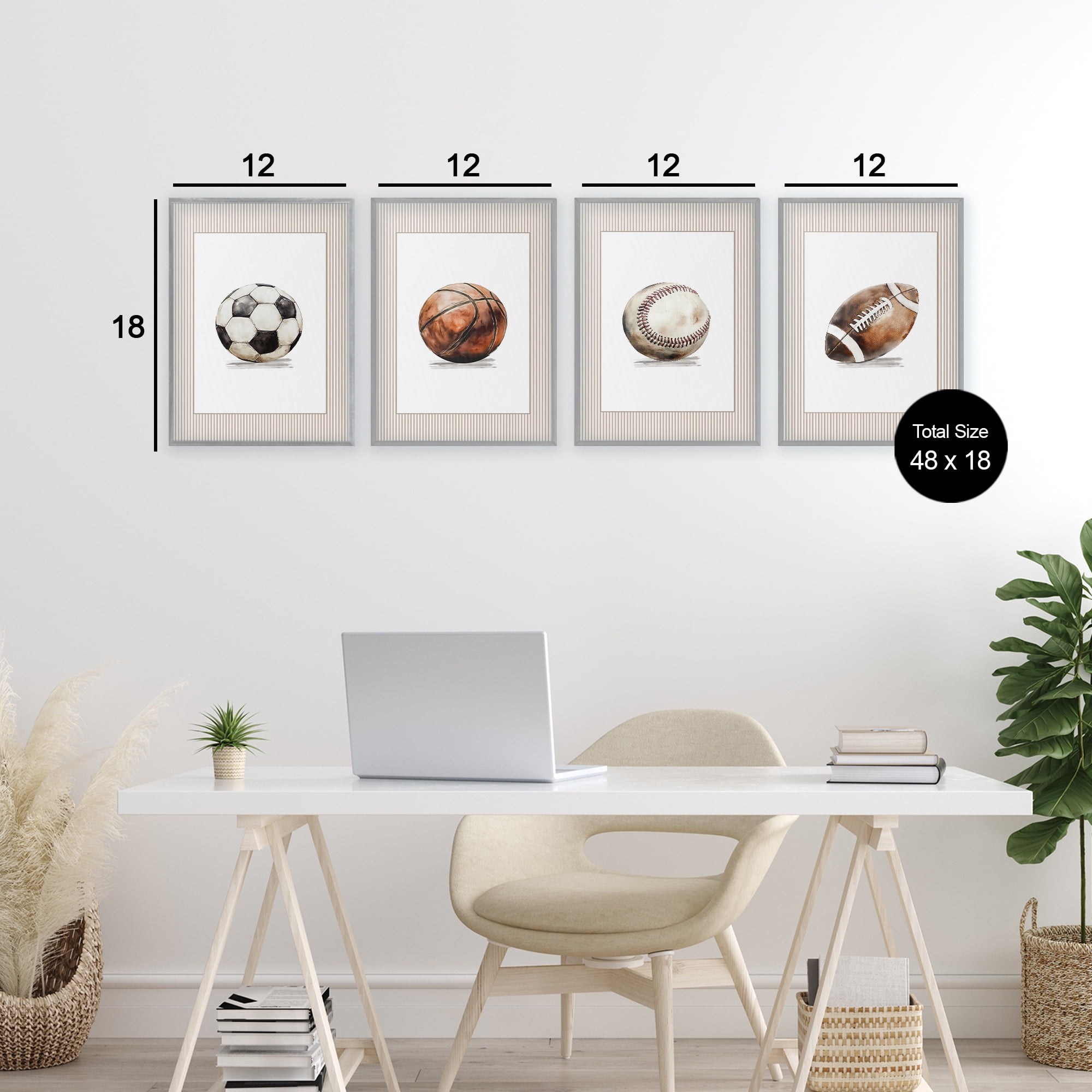 Stupell Industries Vintage Sports Beige Stripes 4 Piece Gray Framed Giclee Art Set, design by Christine Simpson Art