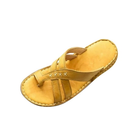 CHOII Clearance PU Leather Shoes for Womens Orthopedic Bunion Corrector Sandals Casual Summer Soft Ring Slides Flip Flops Open Toe Flat Comfortable Summer Flat Slippers Thong Sandals Yellow/9