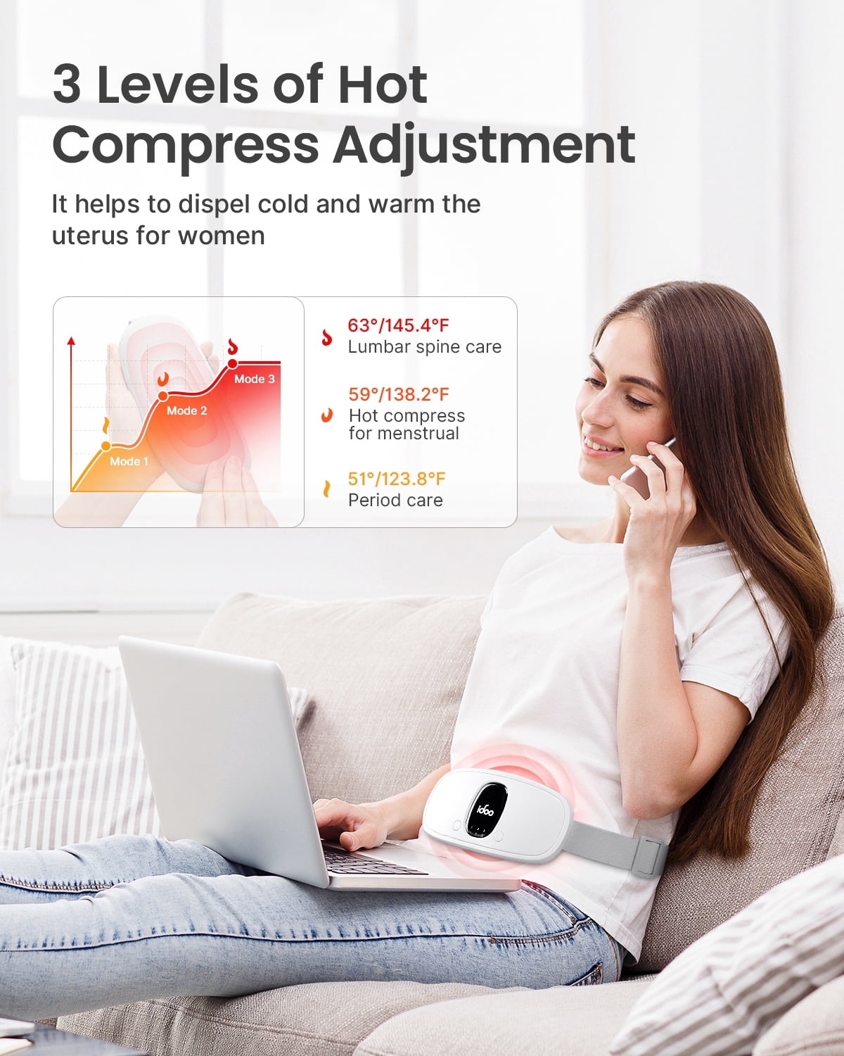iDOO Cordless Heating Pad for Period Cramps, 3 Heat Setting, 3 Massage Modes,Birthday Mothers Day Gifts for Girlfriend Mom Wife Women, FSA HSA Eligible, White