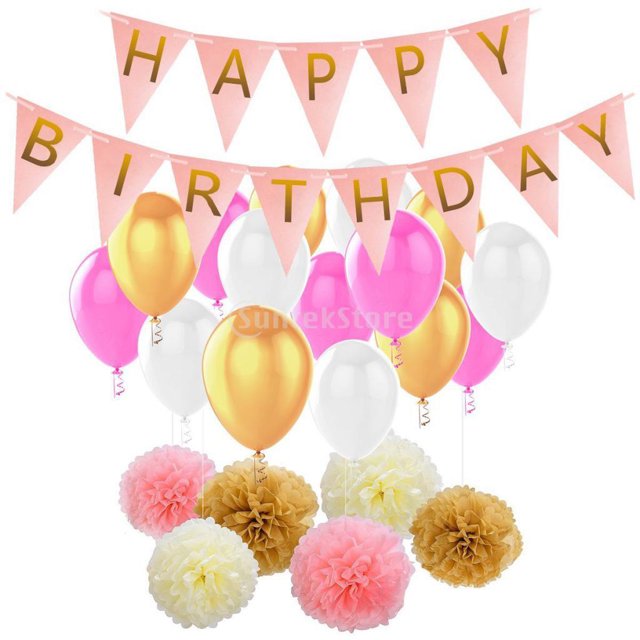 Set de Bandera de Feliz Cumpleaños de Papel + Pom Poms + Globo de Látex Perla Decoración Colgante de Fiesta Sunnimix Conjunto de decoración de fiesta