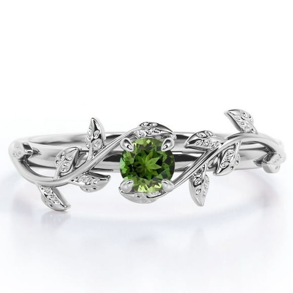 JeenMata Anillo de Compromiso con Solitario de Turmalina Verde Natural de Forma Redonda de 0,50 Quilates con Baño de Oro Blanco de 18 K sobre Plata Inspirado en la Naturaleza