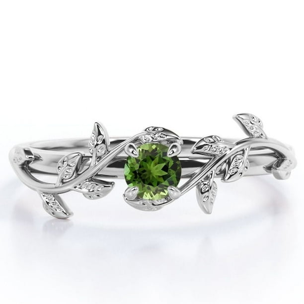 JeenMata Anillo de Compromiso con Solitario de Turmalina Verde Natural de Forma Redonda de 0,50 Quilates con Baño de Oro Blanco de 18 K sobre Plata Inspirado en la Naturaleza