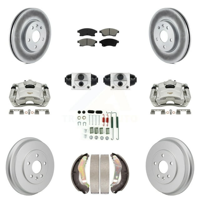 Transit Auto Front Rear Disc Brake Caliper Coated Rotors Drums Semi-Metallic Pads Shoes Wheel Cylinders and Hardware Kit (11Pc) for Car Chevrolet Sonic KCG-101150S