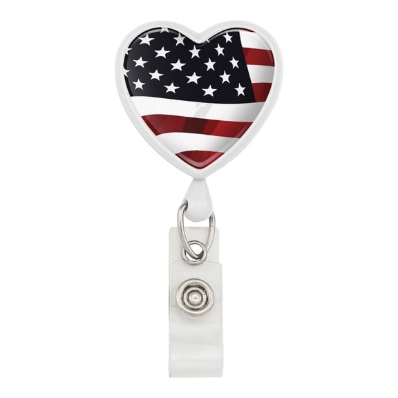 US American Flag Stars and Stripes Waving United States USA Heart Lanyard Retractable Reel Badge ID Card Holder - White
