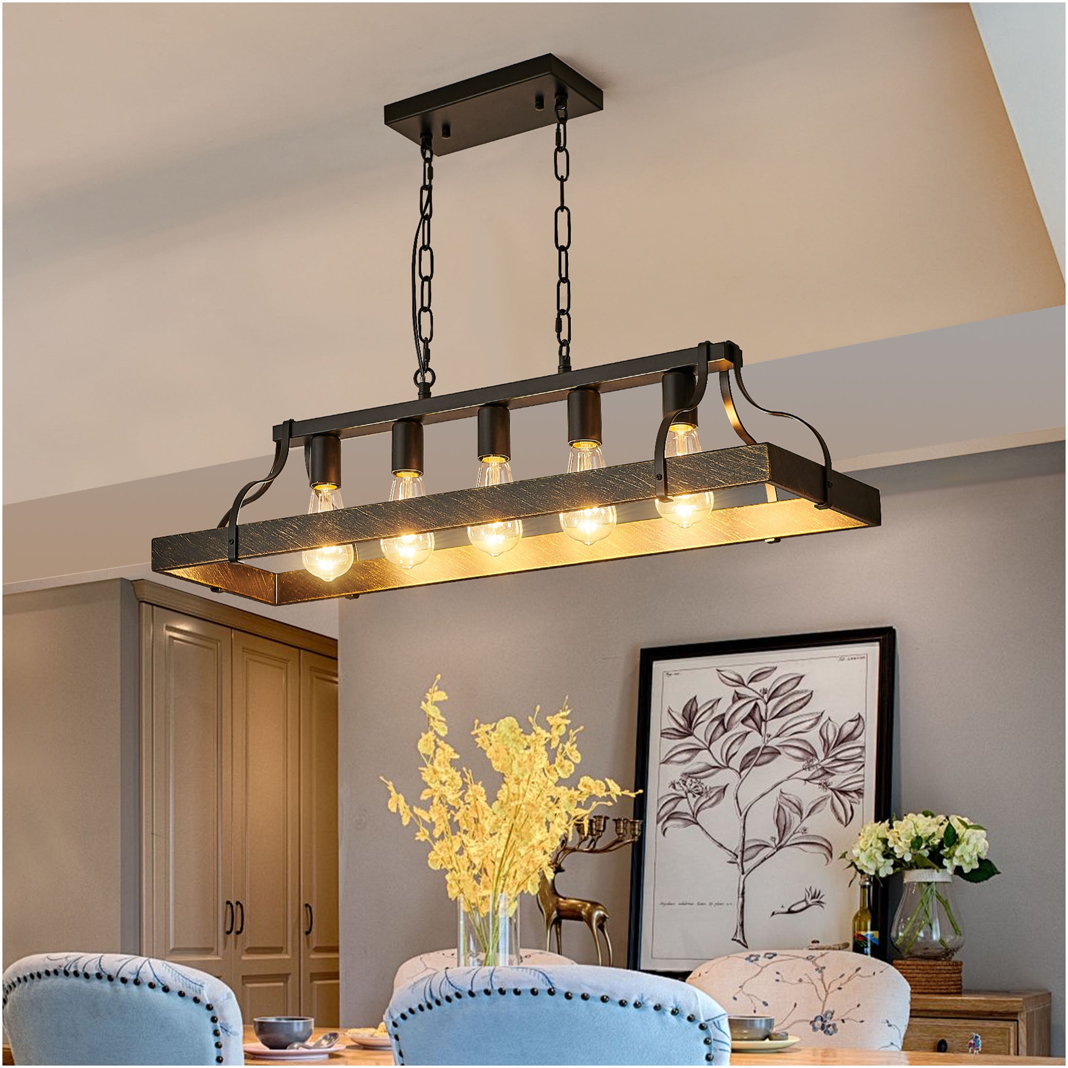 JERFIT Vintage Black Gold Pendant Light Chandelier, 5-Light Island Hanging Fixture with Adjustable Chain for Dining Room Kitchen Living Room, Antique Industrial Cage Ceiling Light, No Bulbs Included