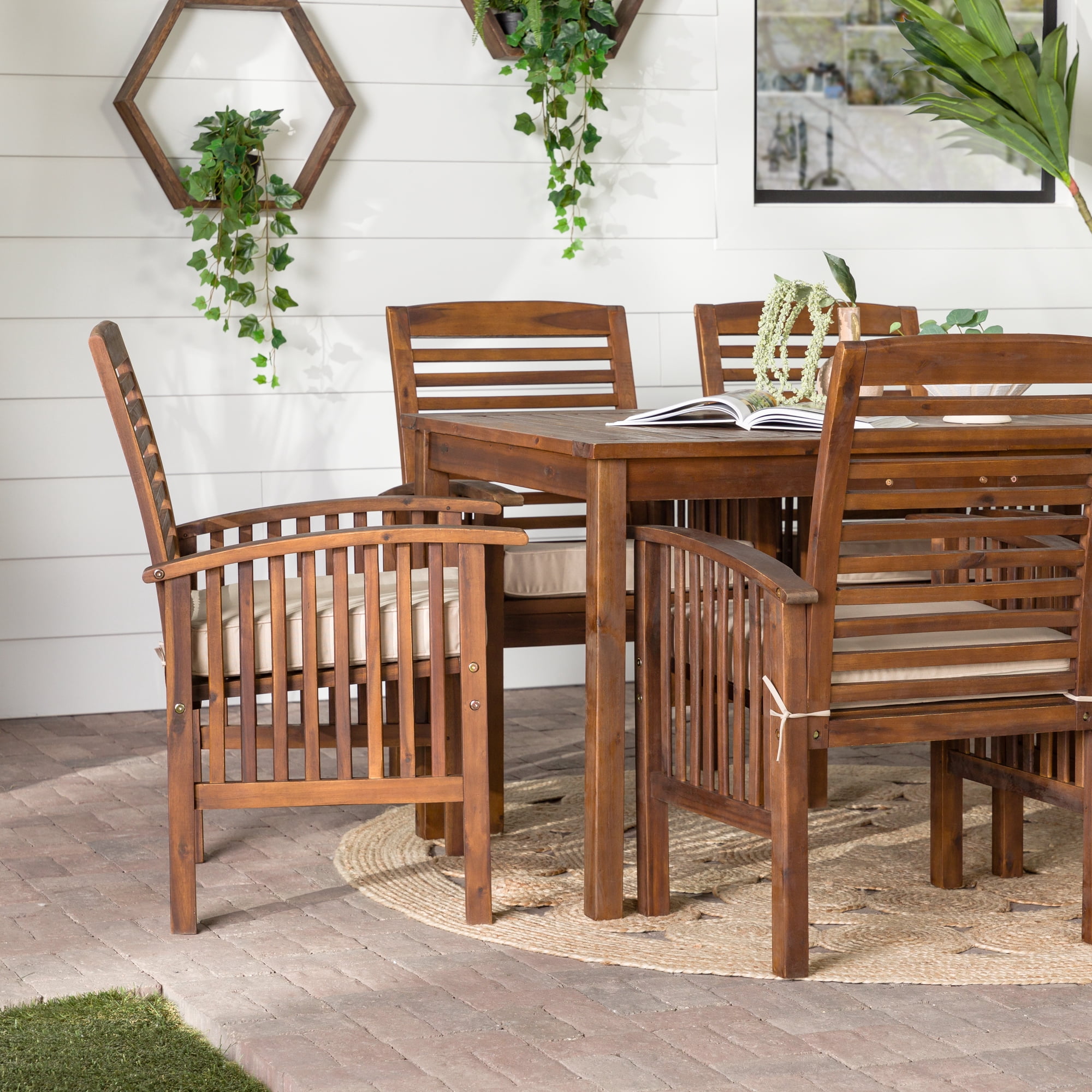Modern 7-Piece Solid Acacia Wood Outdoor Dining Set with Cushions - Dark Brown