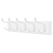 Wall-Mounted Dual Hook Coat Rack - White Entryway Organizer with 5 Metal Hooks