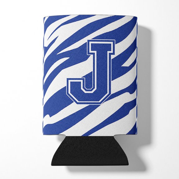 Letter J Initial Tiger Stripe Blue and White Can or Bottle Hugger