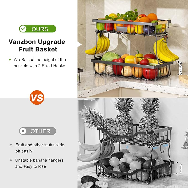 2 Tier Fruit Basket for Kitchen Counter,Wire Tiered Fruit Stand with Hangers&Handle,Corner Vegetable Rack,Two Tier Kitchen Basket For Fruits,Veggies,Snacks,Onions,Black