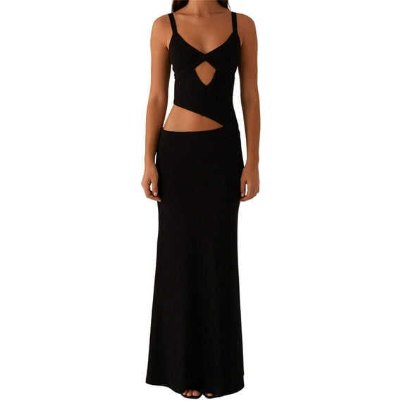 Women Bodycon Spaghetti Strap Cutout Maxi Dress Hollow Sexy Fitted Dresses Slip Long Dress Evening