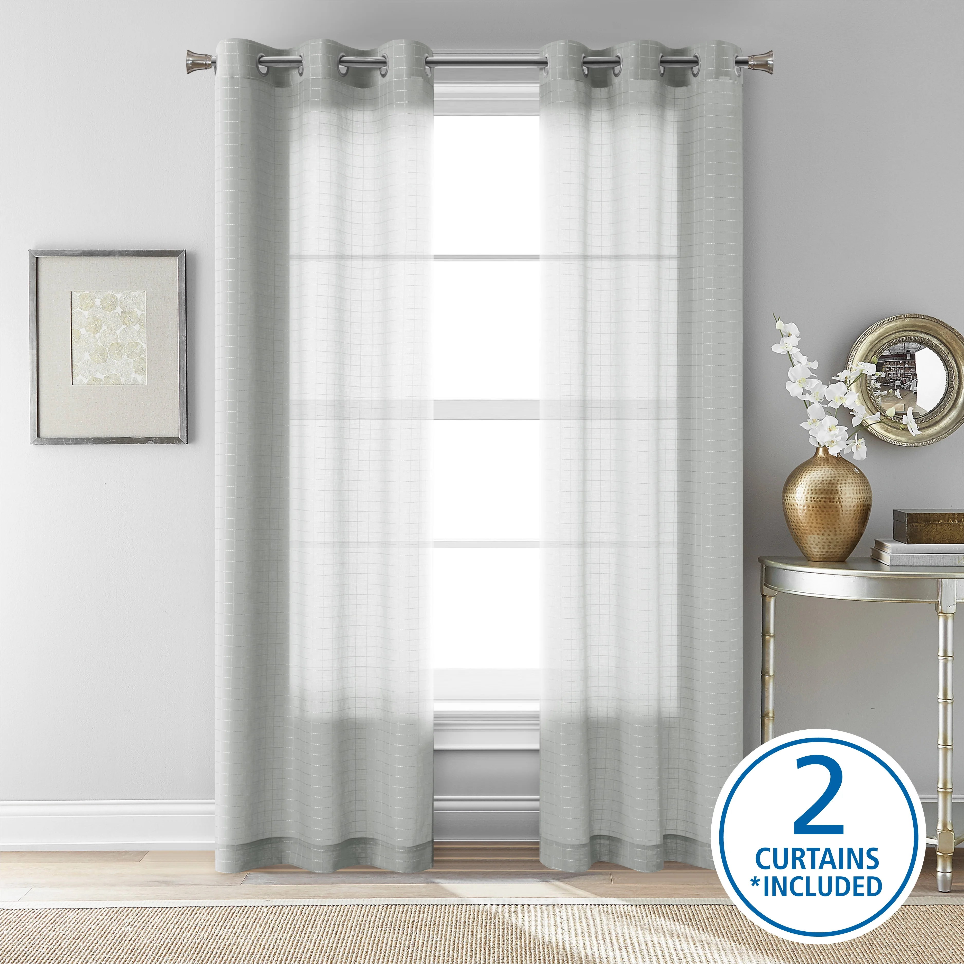(2 pack) Mainstays Windowpane Sheer Curtain Panel Pair, Set of 2, Soft Silver, 38" W x 84" L