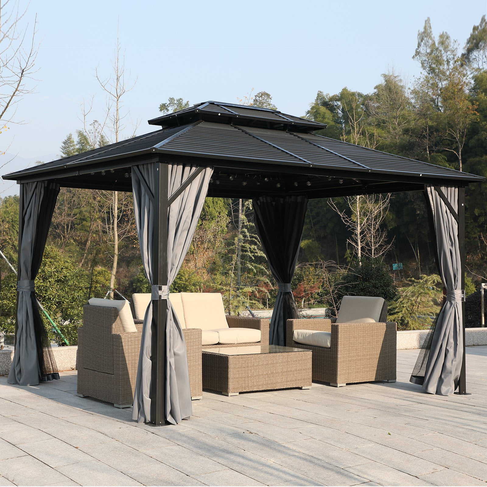 10' x 10' Steel Hardtop Gazebo Garden Sun Shelter with Mosquito Netting