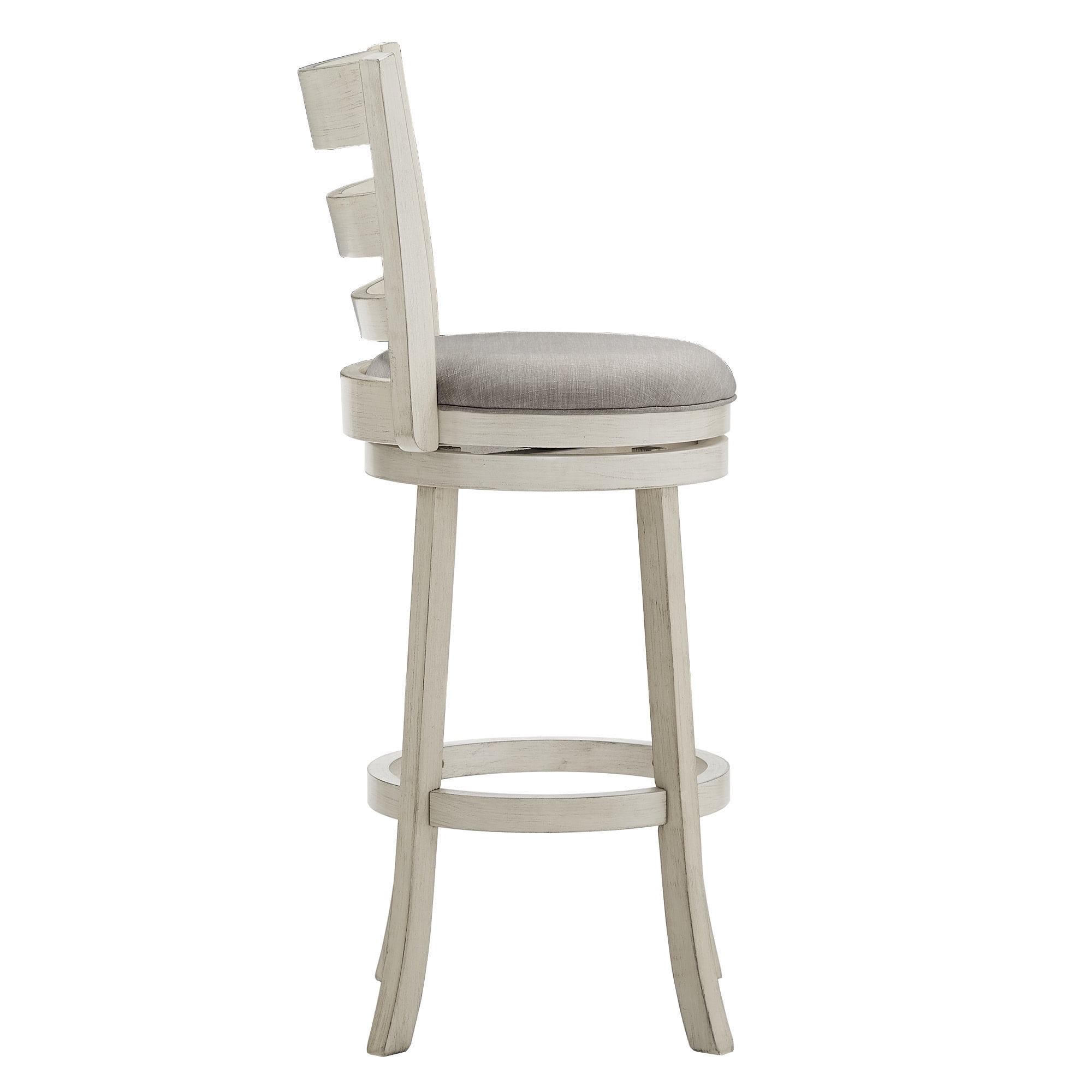 Weston Home Shapel Ladder Back 29"H Swivel Bar Stool, Antique White Finish, Grey Linen