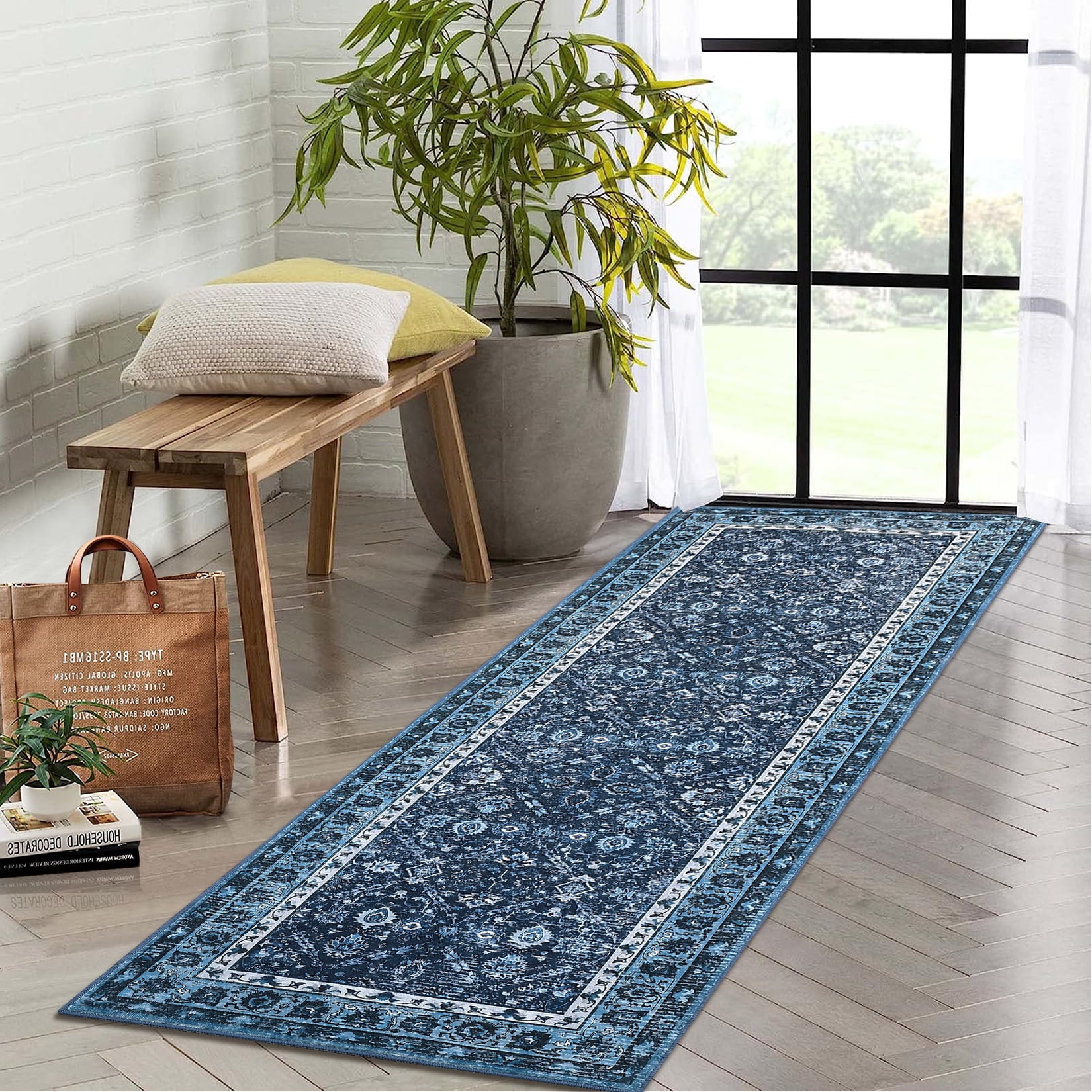 Hasoo Runner Rug 2' x 6' Washable Rugs for Hallway Moroccan Carpet Vintage Rug, Blue