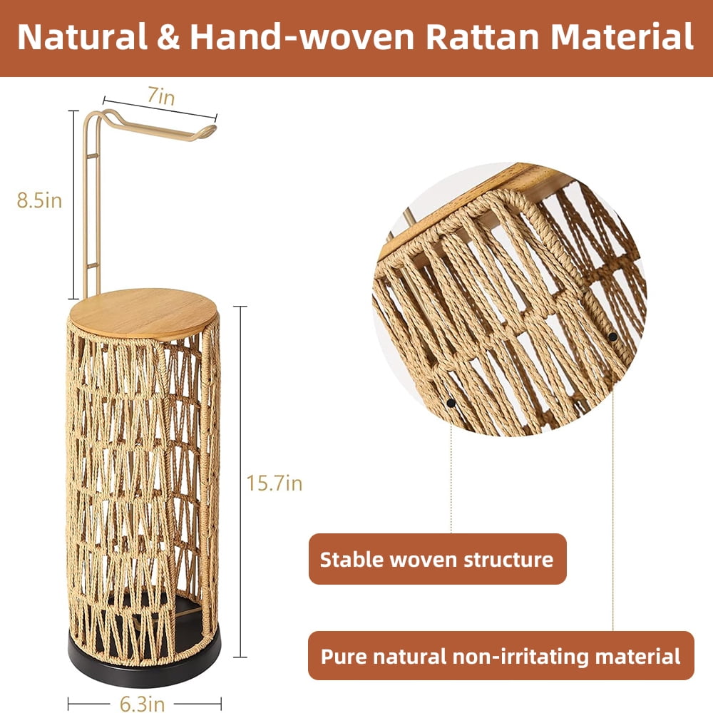 MIDODO Freestanding Toilet Paper Holder with Storage, 3 Rolls of Tissue Holder for Bathroom, Rattan Boho Handmade Woven Toilet Paper Roll Holder Stand