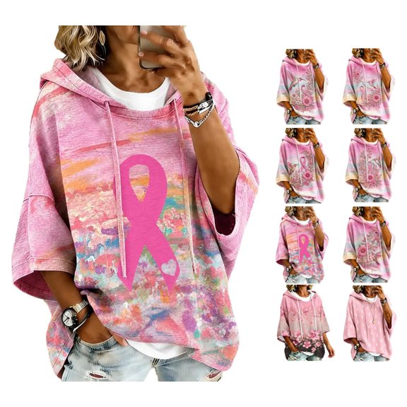 Women's Breast Cancer Awareness Hoodie in October We Wear Pink Shirts Drawstring Print 3/4 Sleeve Sweatshirts for Women