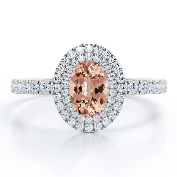 JeenMata Pave Accented Band 1.75 Carat Ovate created morganite and Moissanite Double Halo Engagement Ring in 18K White Gold Plating over Silver