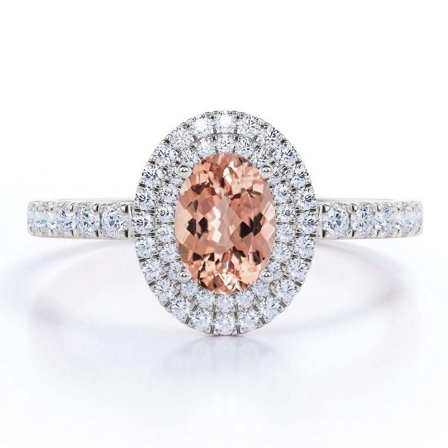 JeenMata Pave Accented Band 1.75 Carat Ovate created morganite and Moissanite Double Halo Engagement Ring in 18K White Gold Plating over Silver