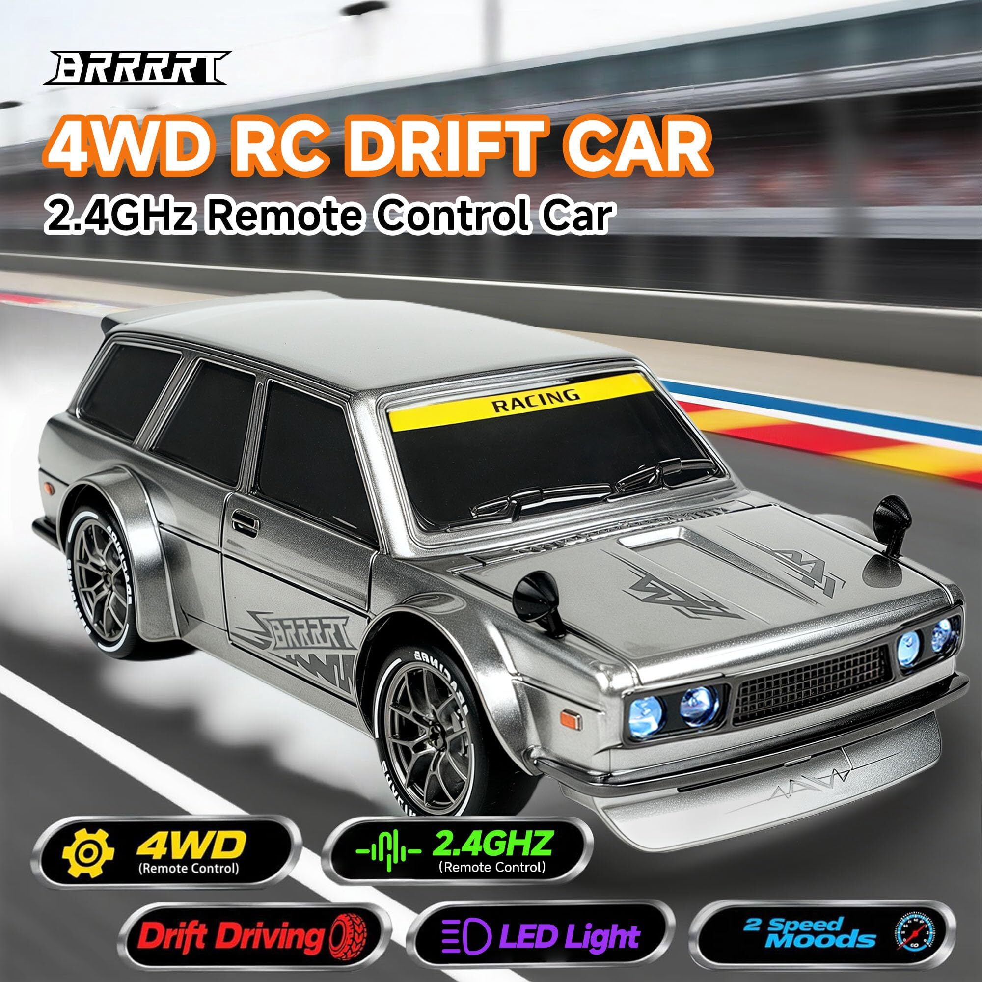 BRRRRT RC Drift Car 1:24 2.4GHz 4WD High Speed Remote Control Cars Vehicle with LED Lights, 20KM/H Mini RC Race Car Toys for Boys Kids Adults