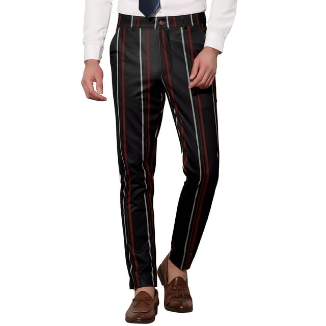 Pantalones de vestir de ajuste slim con rayas para hombre, color negro oscuro, con cordón de contraste 30