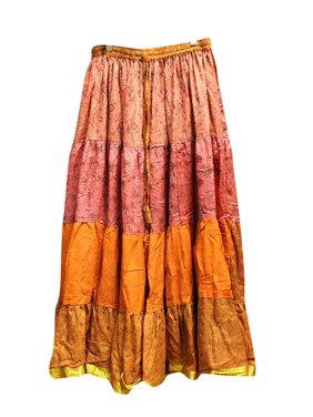 Mogul Womens Long Skirt Silk Sari Floral Printed Elastic Waist Full Flared Summer Gypsy Chic Maxi Skirts