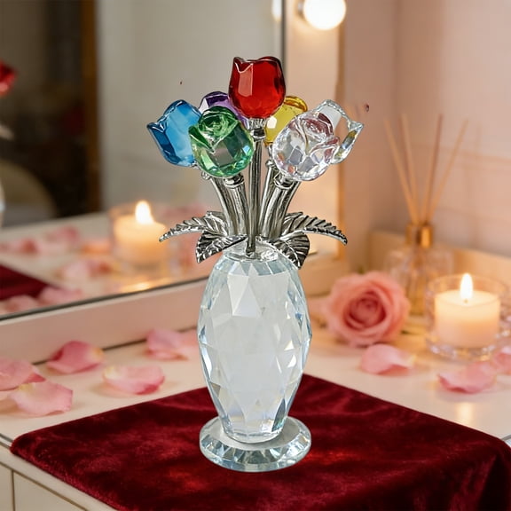 Crystal Multicolor Rose Bouquet Figurines Gifts for Her Glass Purple Flowers Decor for Home Romantic Floral Presents for Women Mom Wife Mother's Day Birthday Anniversary Valentine's Day (2PCS)