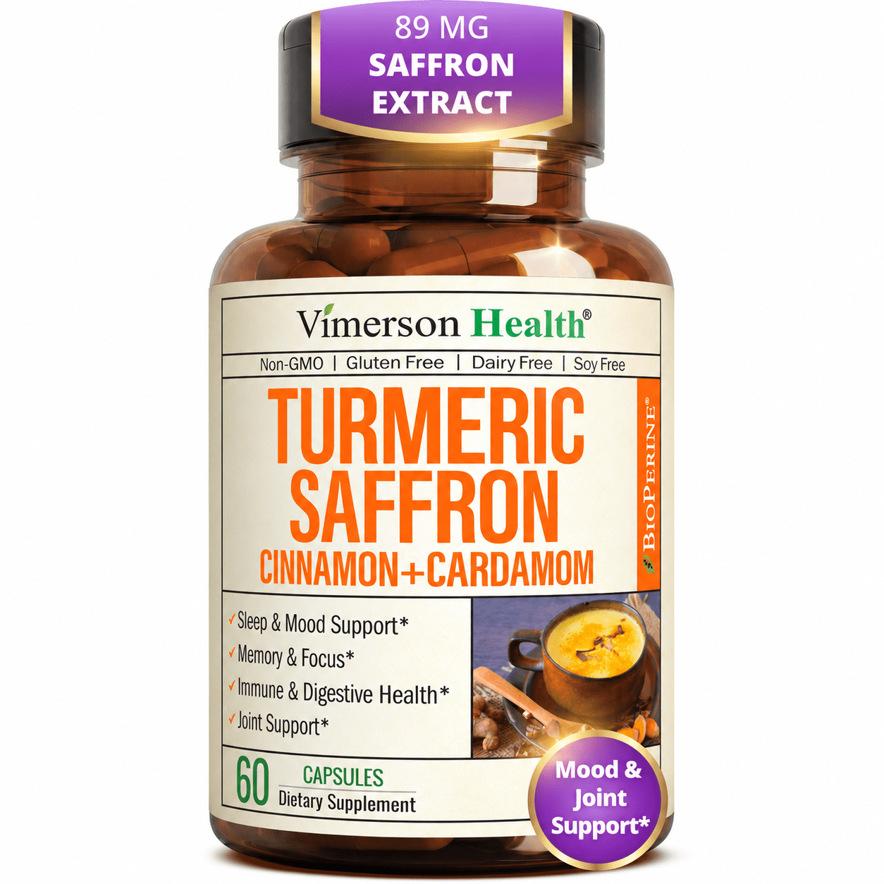 Turmeric Curcumin and Saffron Supplement (89mg Saffron Extract) with Ceylon Cinnamon & Cardamom for Eye, Joint Health & Mood Support – 60 Capsules