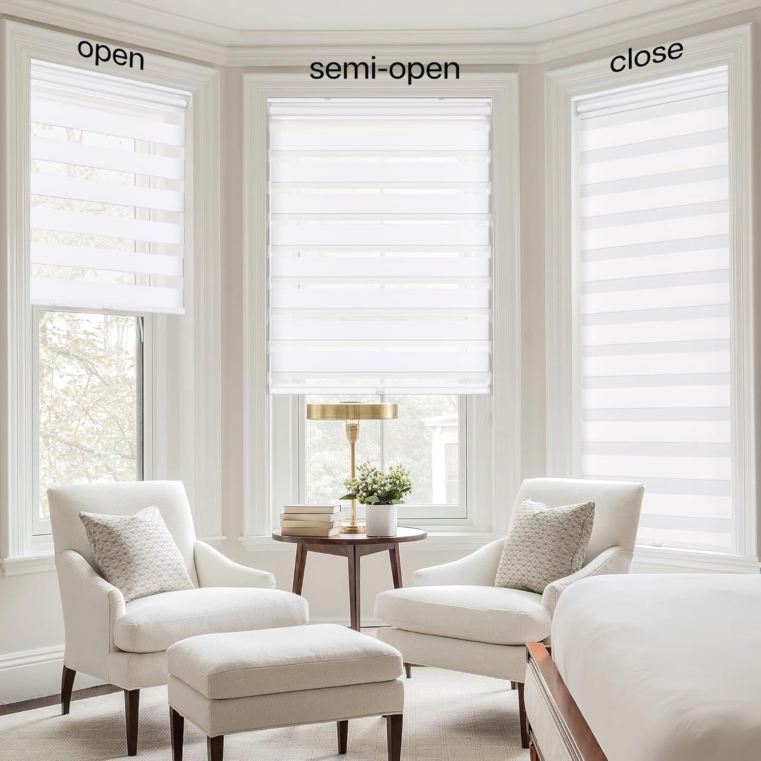 LazBlinds No Tools No Drill Cordless Zebra Blinds for Windows, Dual Layer Light Control for Day and Night, Light Filtering Privacy Roller Blinds and Shades for Home, 20" W x 48" H, White