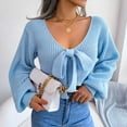 thumbnail image 2 of Lilgiuy Women's Autumn Winter Long Sleeve Solid Blouse V-Neck Bow-Knot Sweater Tops,Blue,4 2022 Fall Winter, 2 of 5