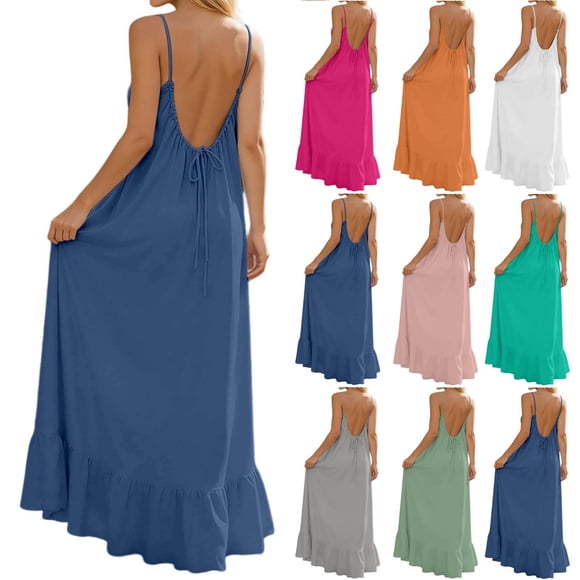 NSLGXD Women's Backless Maxi Dresses with Ruffle Hem Sleeveless Spaghetti Straps Beach Cover Up Dress Tie Back Loose Fit Casual Sundress Navy Dress,Size S-2XL