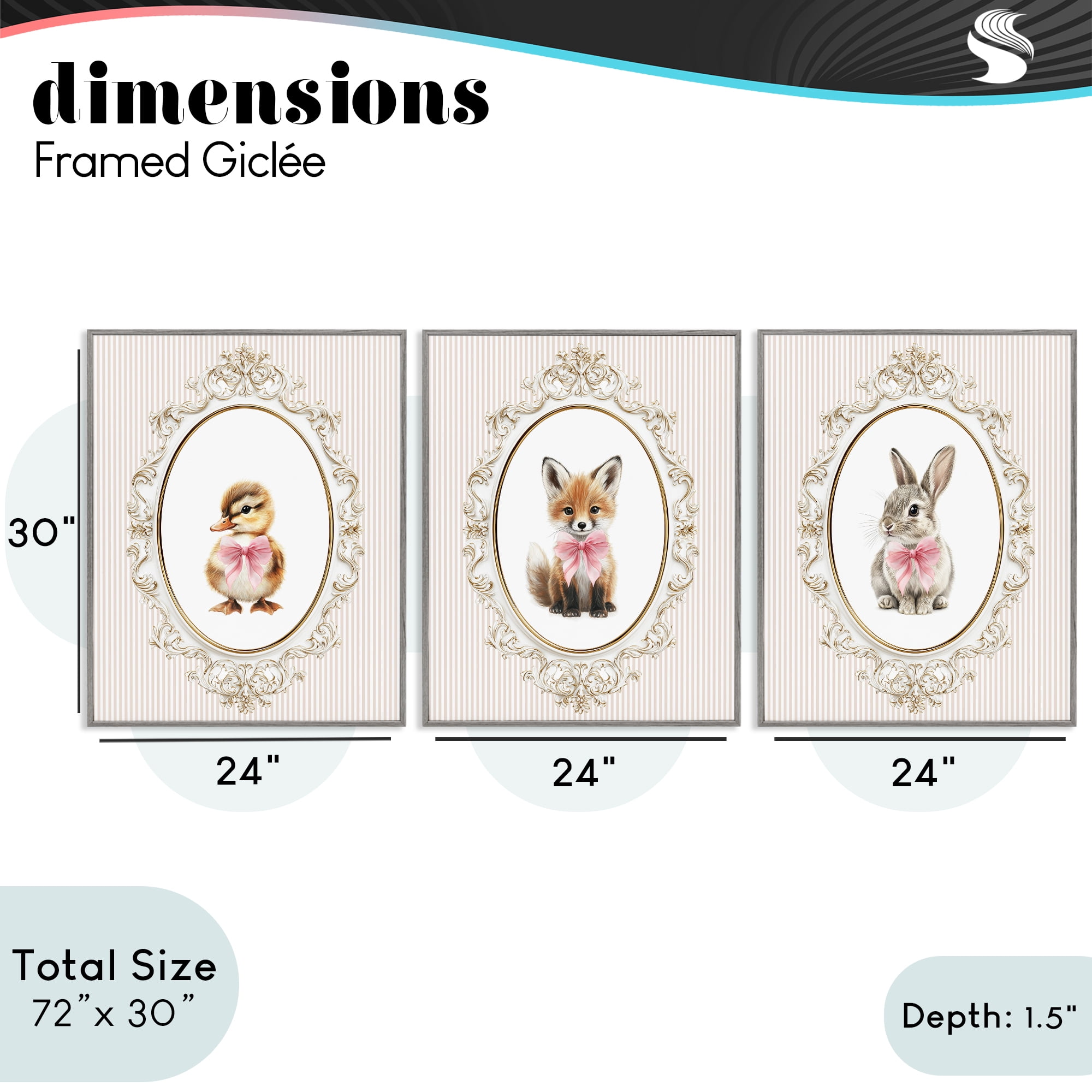 Stupell Industries Vintage Animals with Ornate Design 3 Piece Gray Framed Giclee Art Set, design by Christine Simpson Art